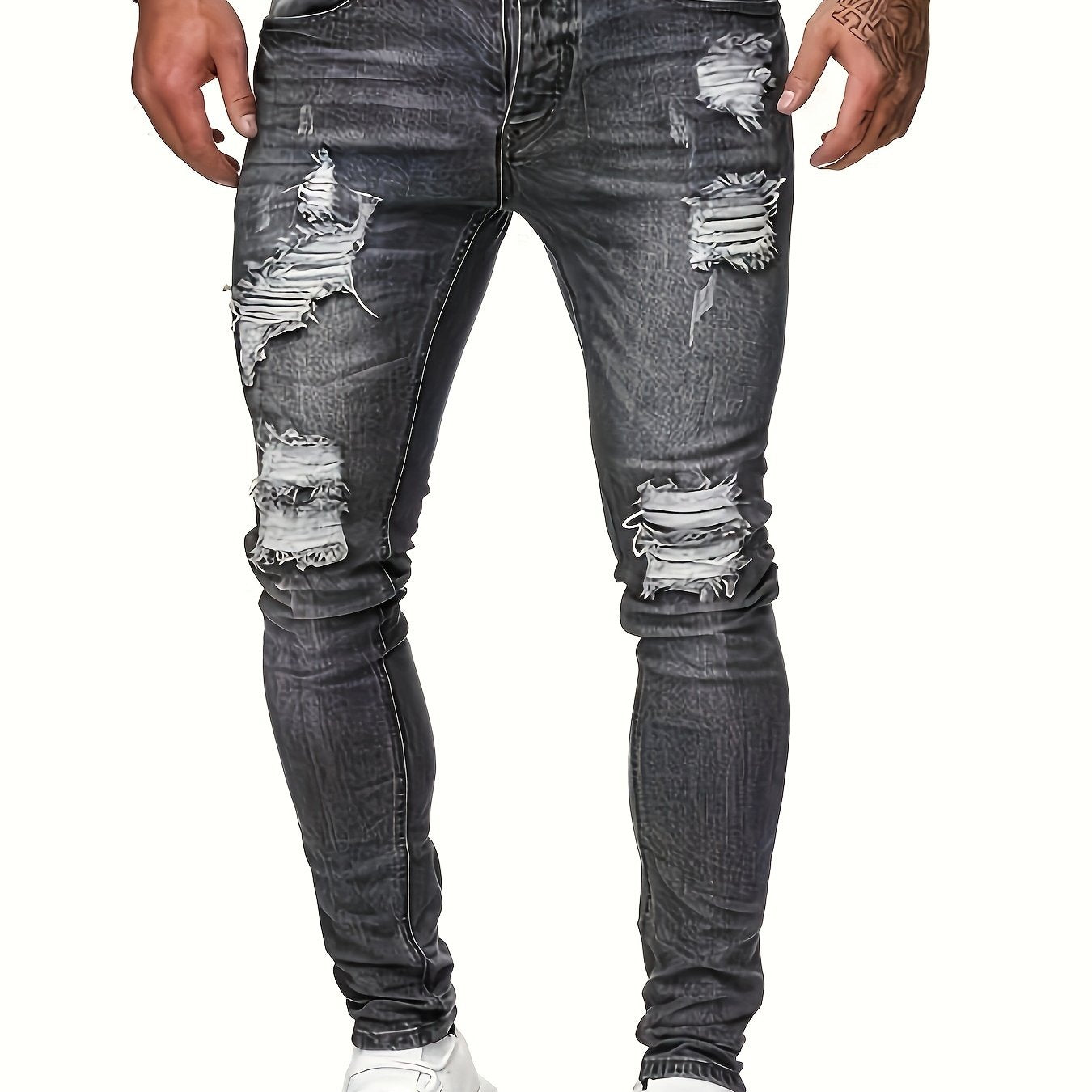 Mid Stretch Slim Fit Ripped Cotton Jeans, Men's Street Style Distressed Denim Pants
