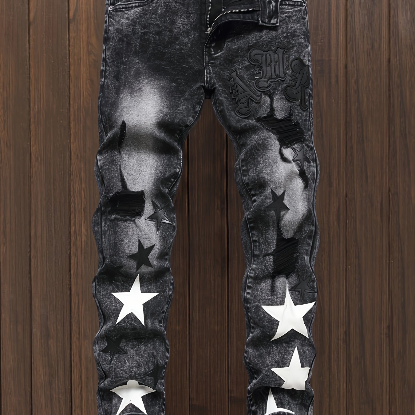 y2k Star Pattern Slim Fit Jeans, Men's Stretch Street Style Denim Pants