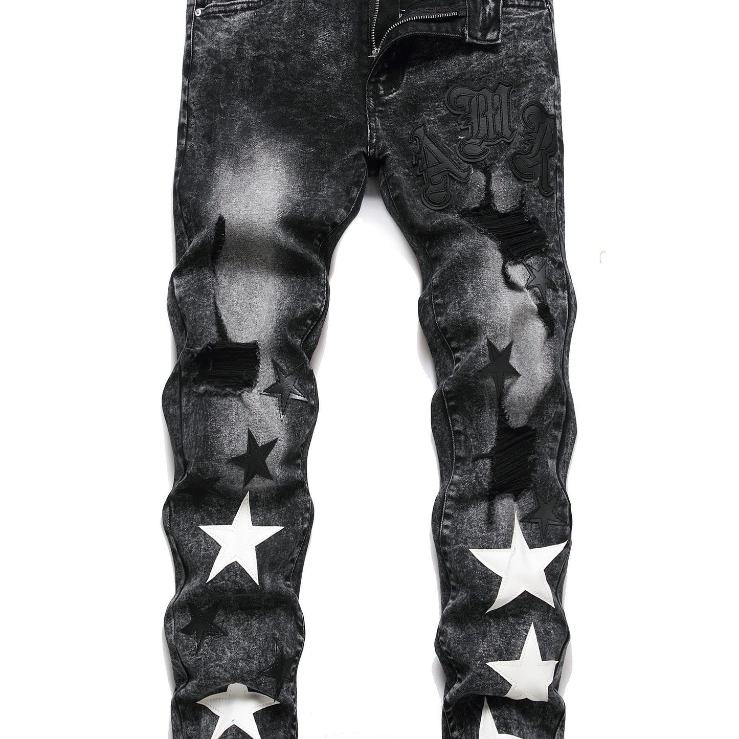 y2k Star Pattern Slim Fit Jeans, Men's Stretch Street Style Denim Pants
