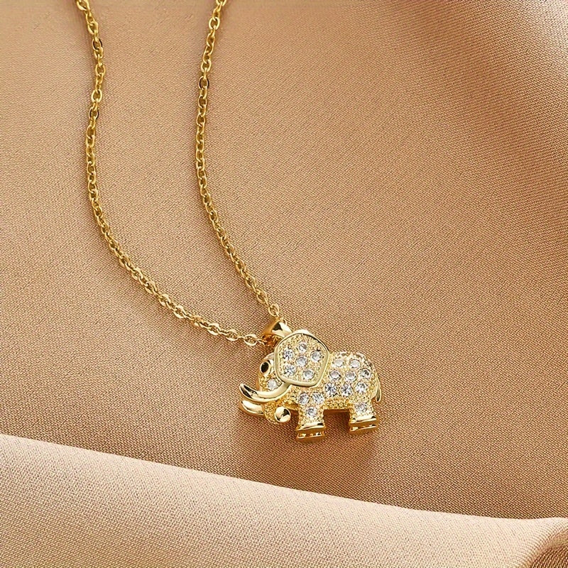 18K Gold Plated Elephant Necklace Elegant Sparkling Zirconia Animal Pendant Necklace