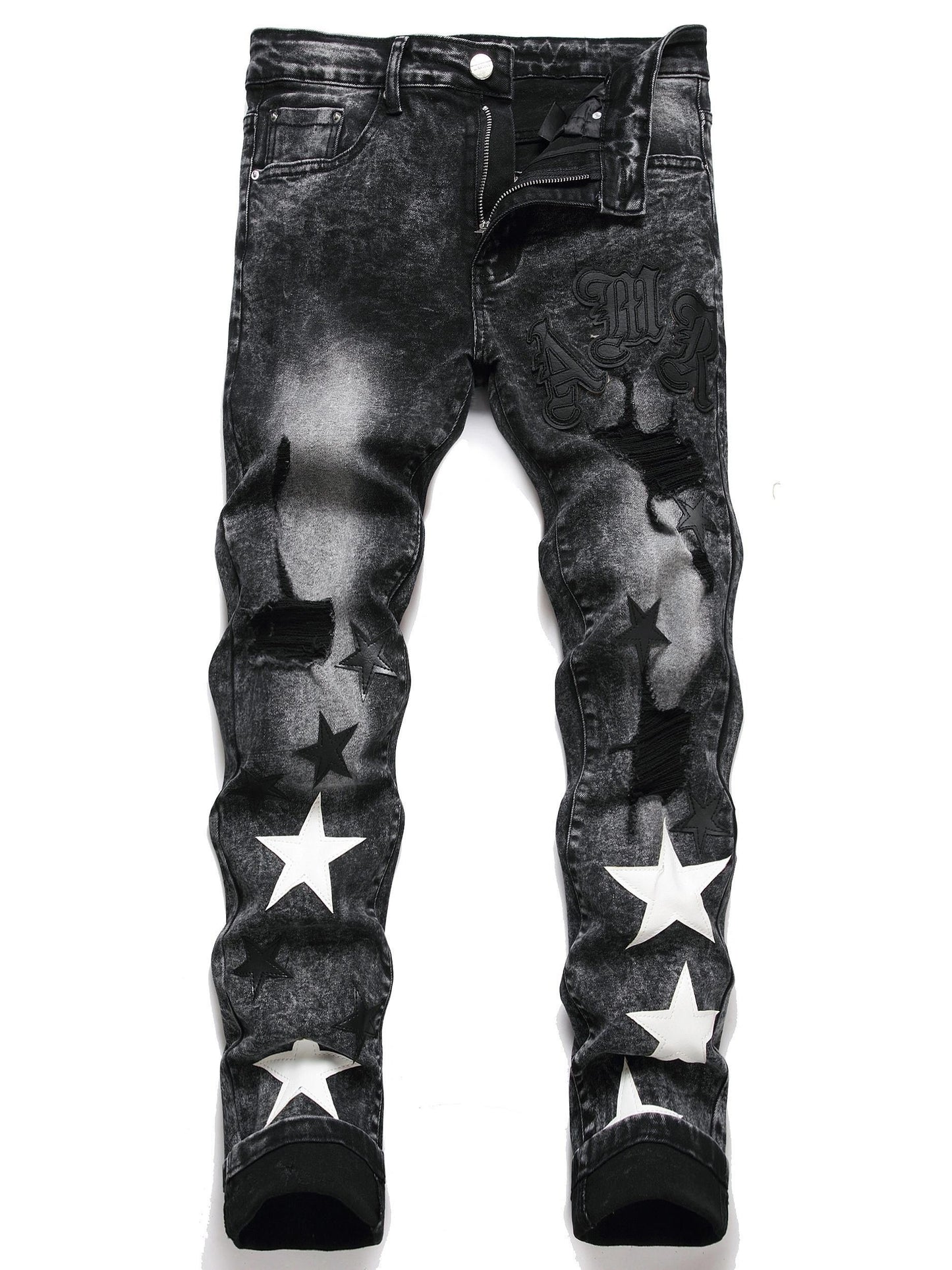 y2k Star Pattern Slim Fit Jeans, Men's Stretch Street Style Denim Pants