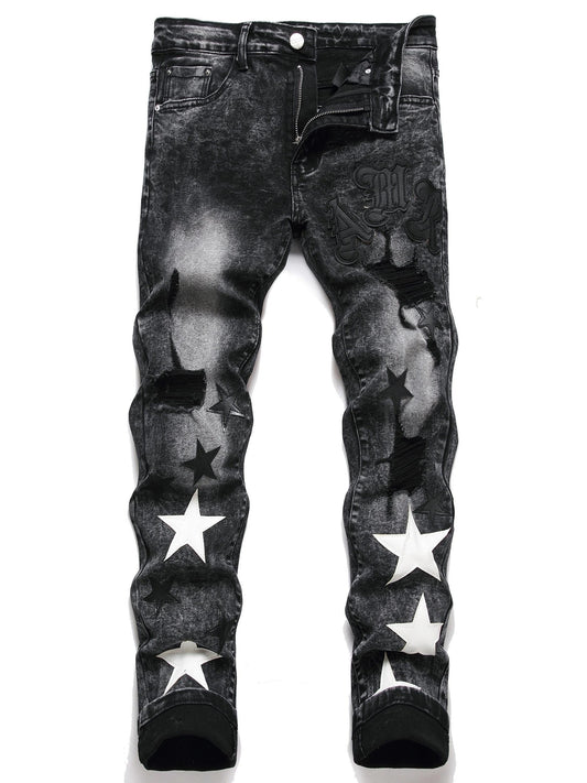 y2k Star Pattern Slim Fit Jeans, Men's Stretch Street Style Denim Pants