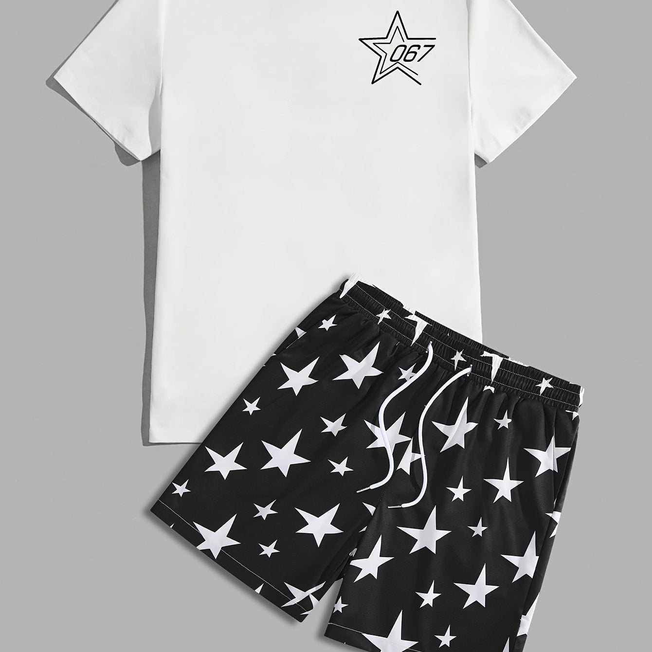 Men's Crew Neck Graphic T-shirt And Shorts Set With Stylish Star Print