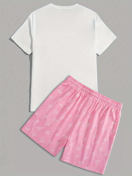Mens Graphic T-shirt And Shorts Set - Classic Crew Neck, Vibrant Palm Tree Print, Ultra-Comfortable Fit - Stylish