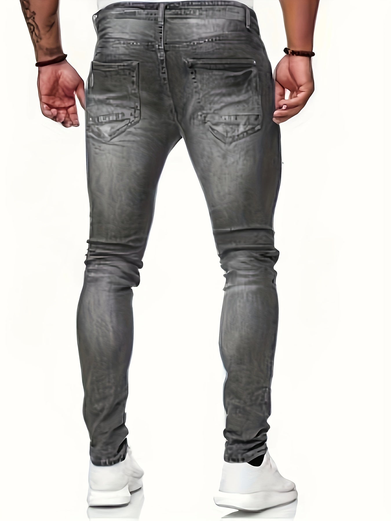 Mid Stretch Slim Fit Ripped Cotton Jeans, Men's Street Style Distressed Denim Pants