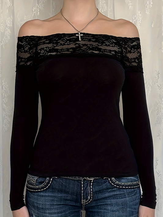 Y2K Elegant Lace Stitching One-Shoulder Fit Long Sleeve Top for Targeted