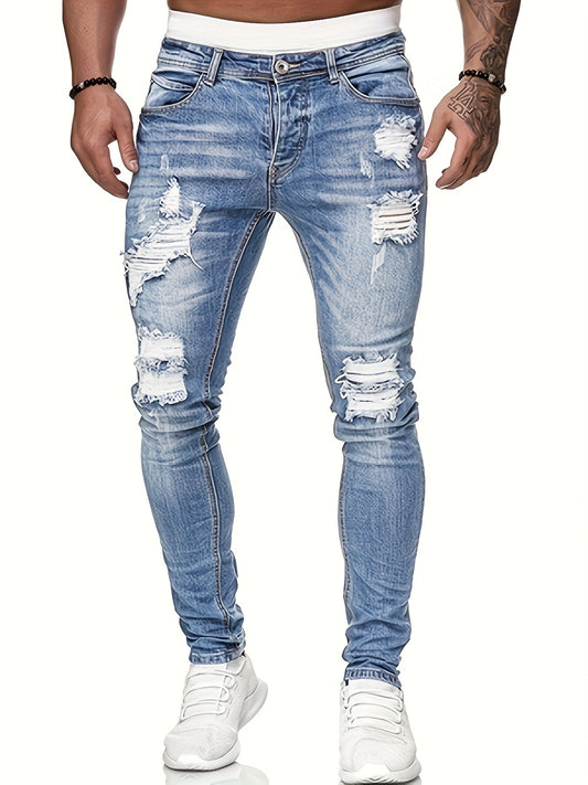 Mid Stretch Slim Fit Ripped Cotton Jeans, Men's Street Style Distressed Denim Pants
