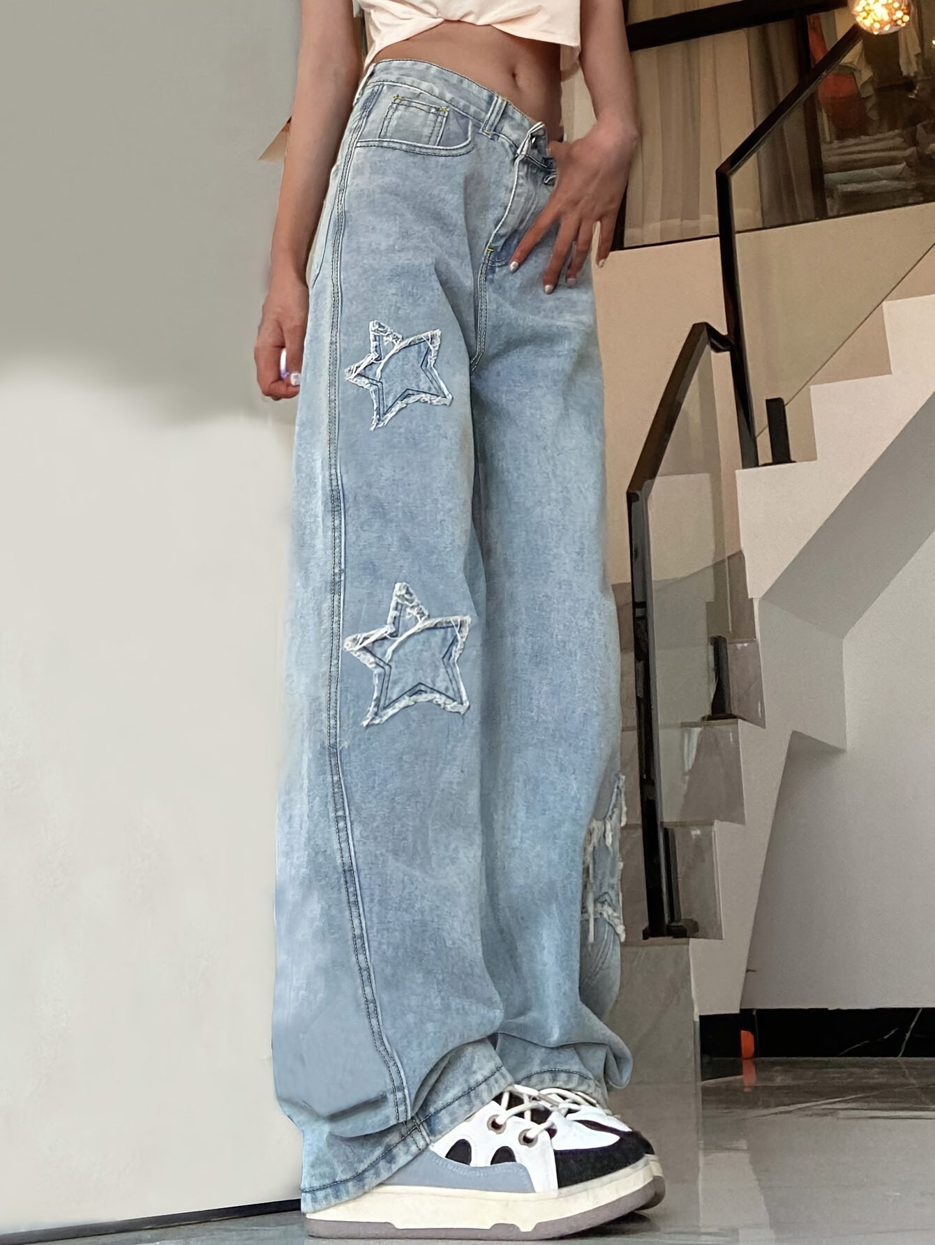 Vintage-Inspired Blue Star Wide-Leg Jeans - All-Season Comfort, Embroidered Geometric Design, Easy-Care Women's Denim Pants