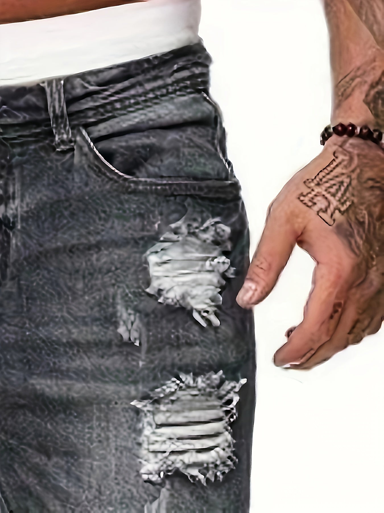 Mid Stretch Slim Fit Ripped Cotton Jeans, Men's Street Style Distressed Denim Pants