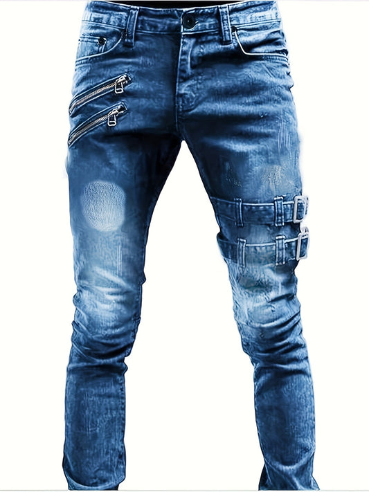 Stretchy Slim Fit Ripped Jeans - Soft, Breathable, Distressed Denim Pants with Elastic Waistband for Men's Casual Street Style Fashion