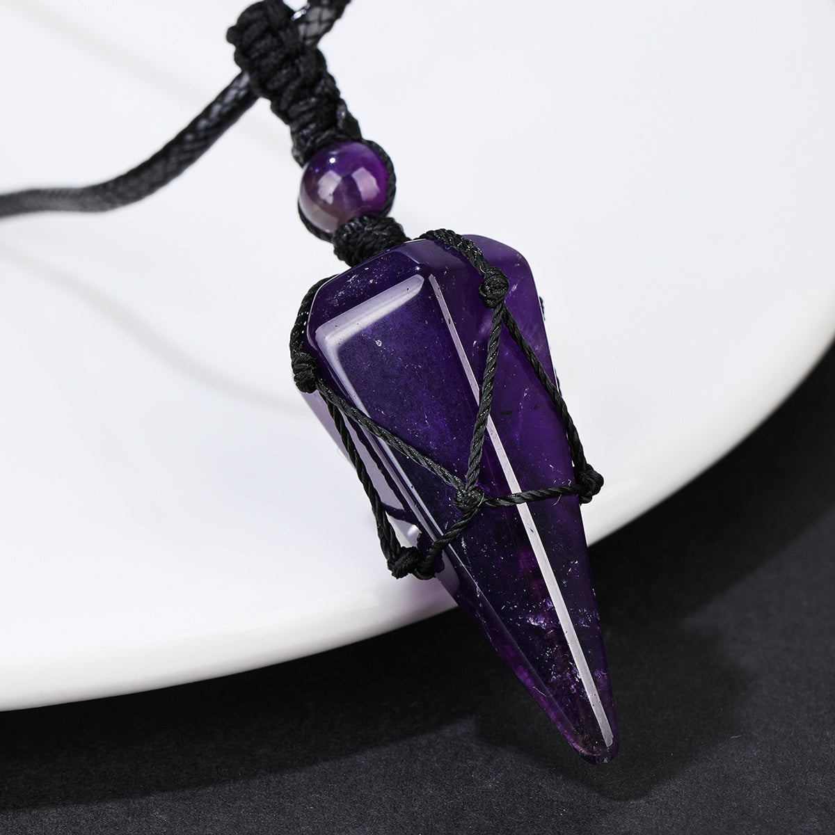 Stylish Men's Natural Amethyst Crystal Hexagonal Cone Pendant Necklace with Braided Rope