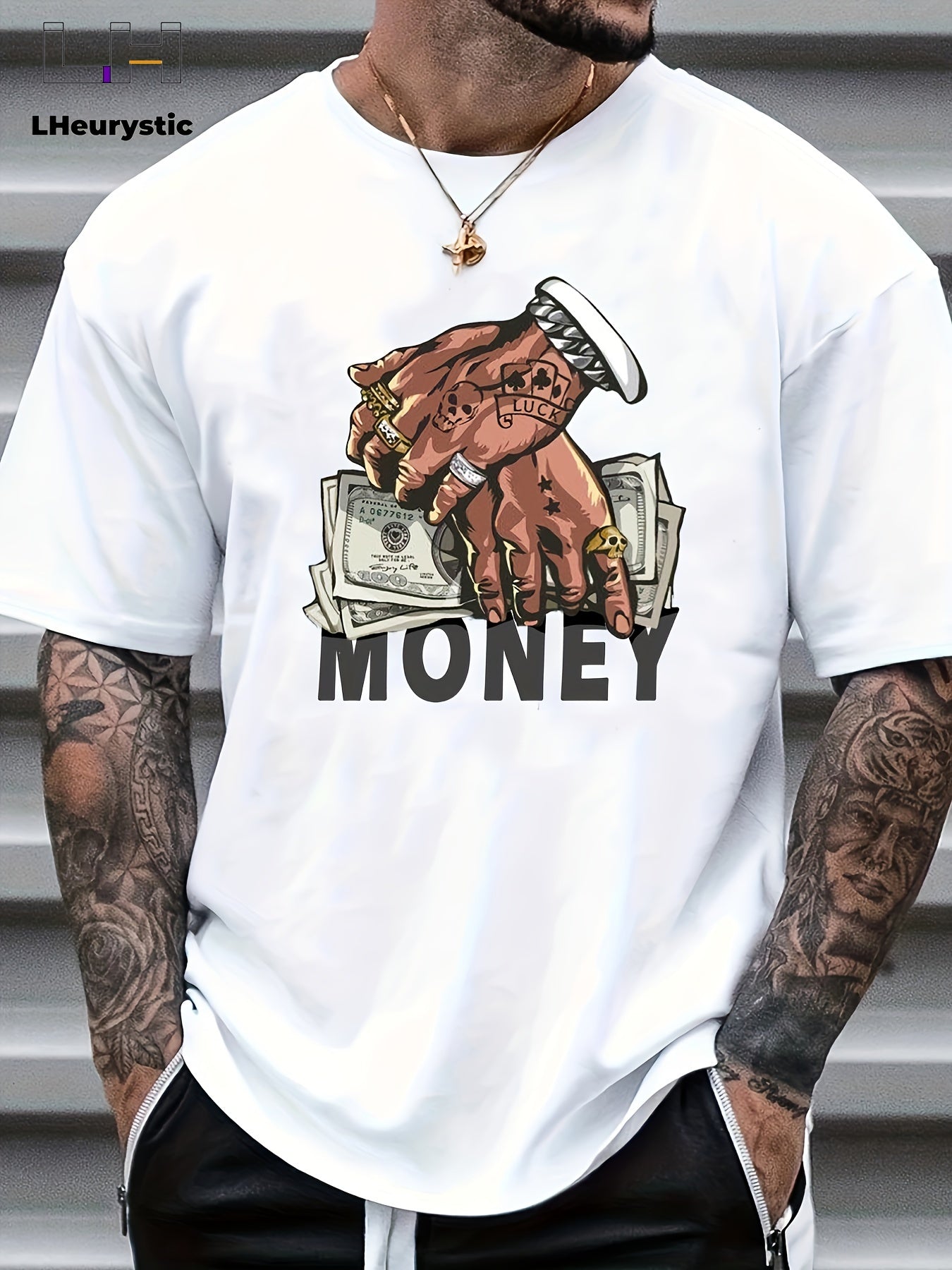 Men's Comfy Cartoon Money & Hands Graphic Design Crew Neck T-shirt