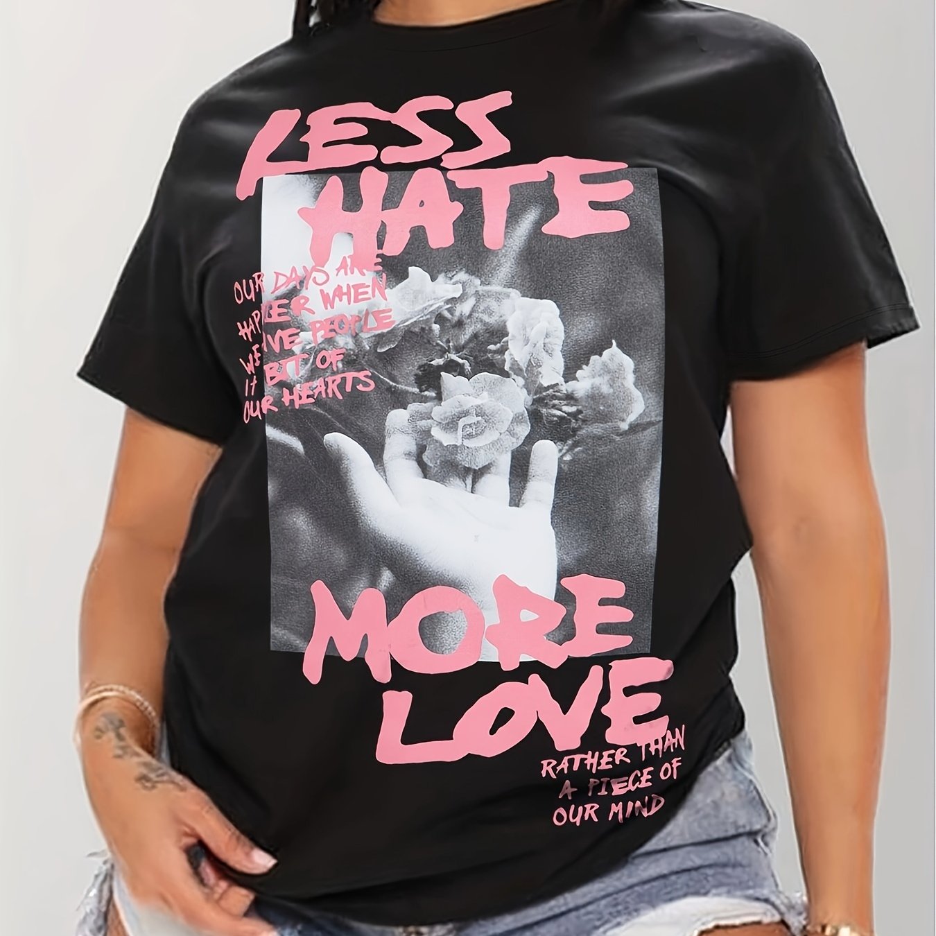 Women's Casual Short Sleeve T-Shirt - Black with Pink "Less Hate More Love" & Floral Graphic Print, Round Neck Top