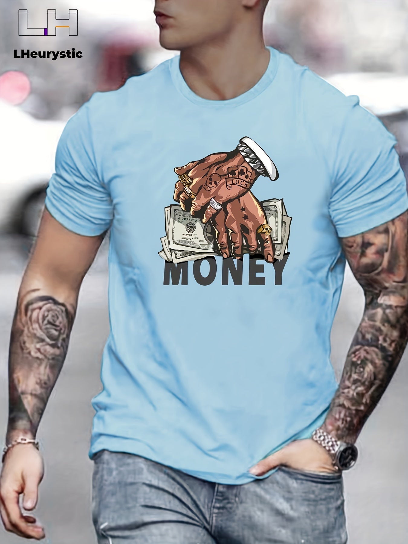 Men's Comfy Cartoon Money & Hands Graphic Design Crew Neck T-shirt