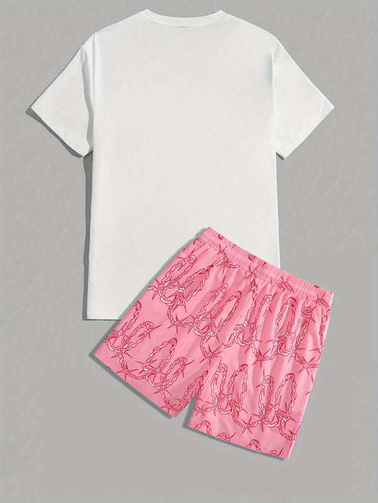 Men's T-Shirt & Shorts Set, Comfortable Crew Neck Tee With Stylish Print, Breathable Graphic Shorts With Drawstring