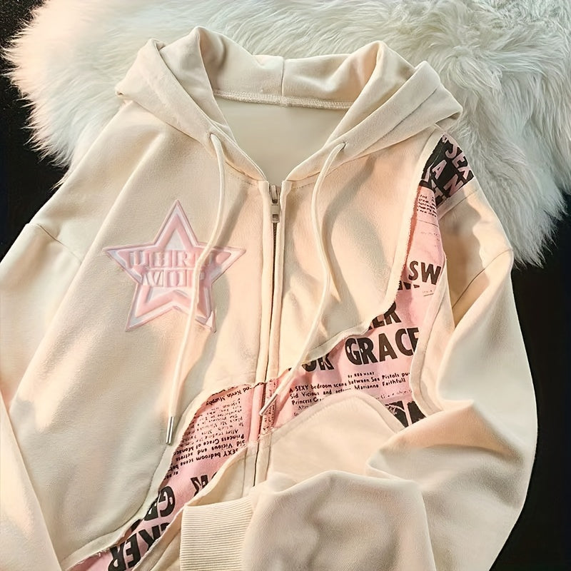 Y2K-Inspired Star & Letter Print Hoodie - Long Sleeve Zip-Up Jacket for Women, Loose Fit with Asymmetrical Hem, Machine Washable