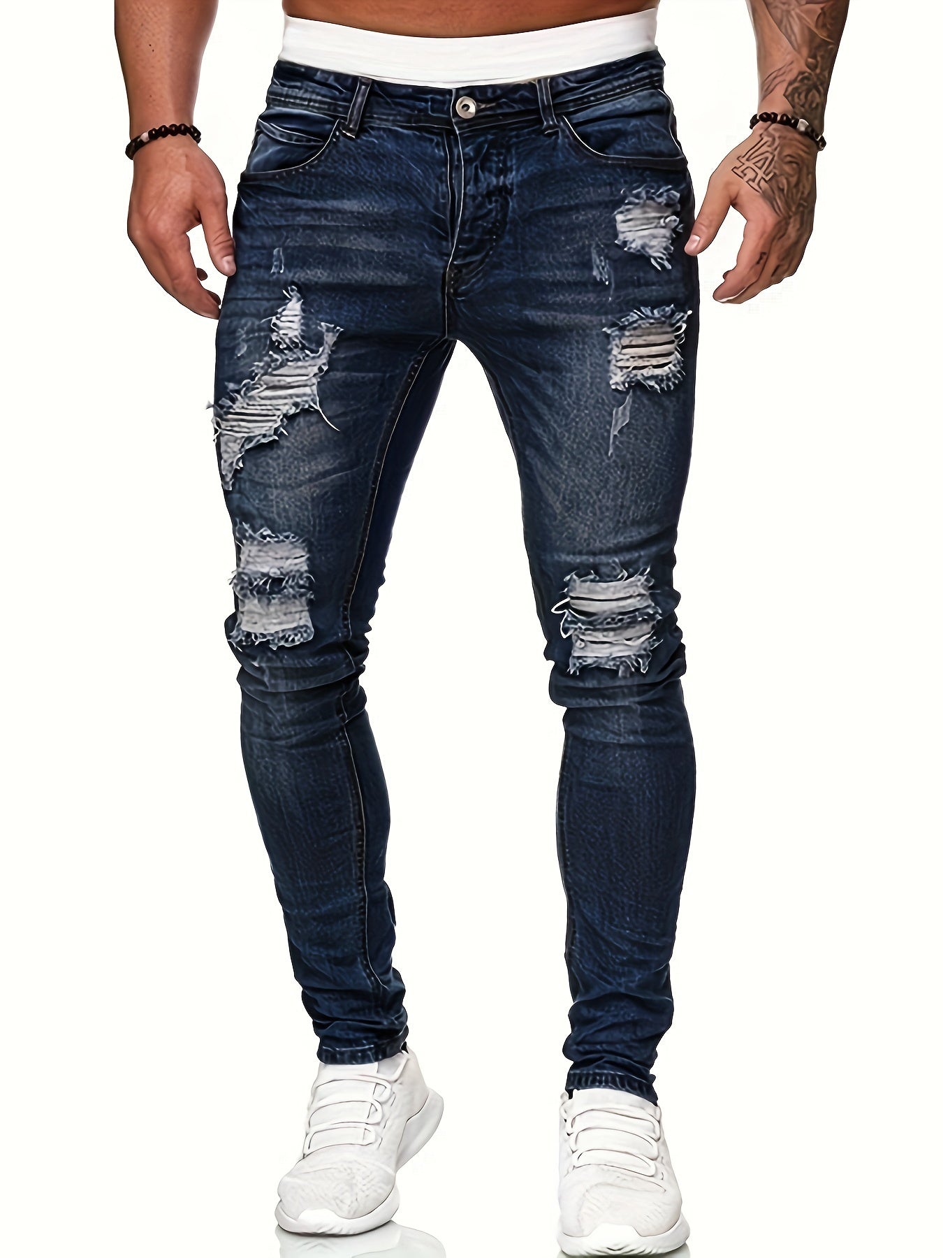 Mid Stretch Slim Fit Ripped Cotton Jeans, Men's Street Style Distressed Denim Pants