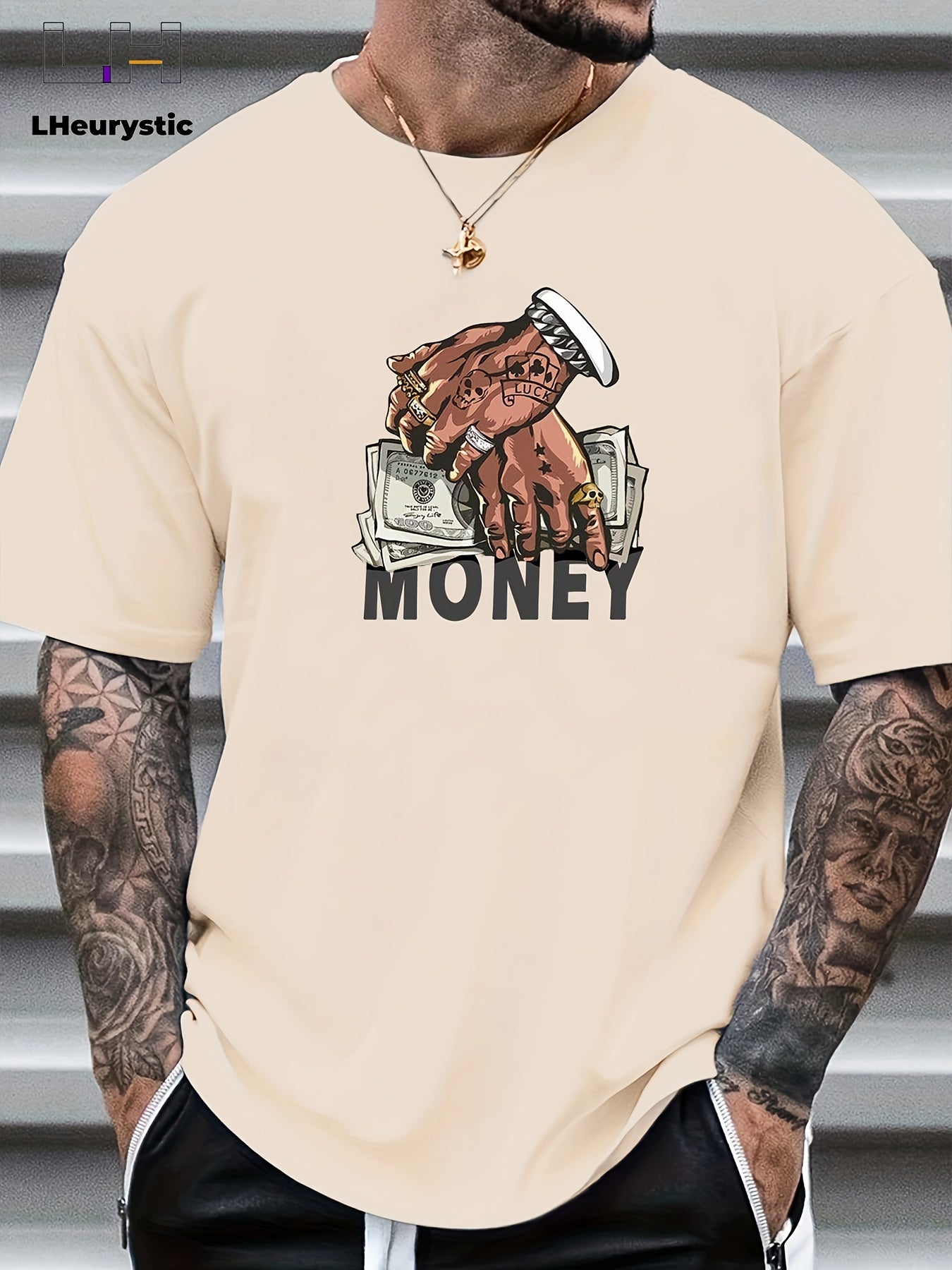 Men's Comfy Cartoon Money & Hands Graphic Design Crew Neck T-shirt