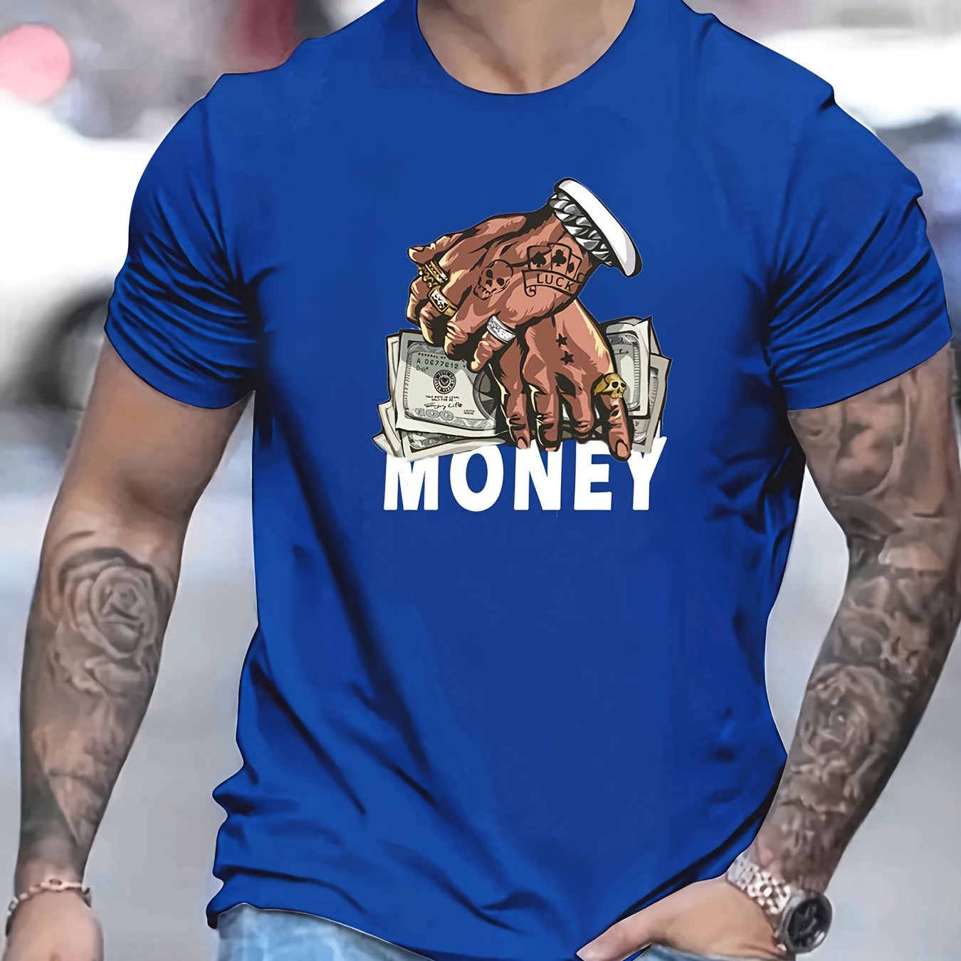 Men's Comfy Cartoon Money & Hands Graphic Design Crew Neck T-shirt