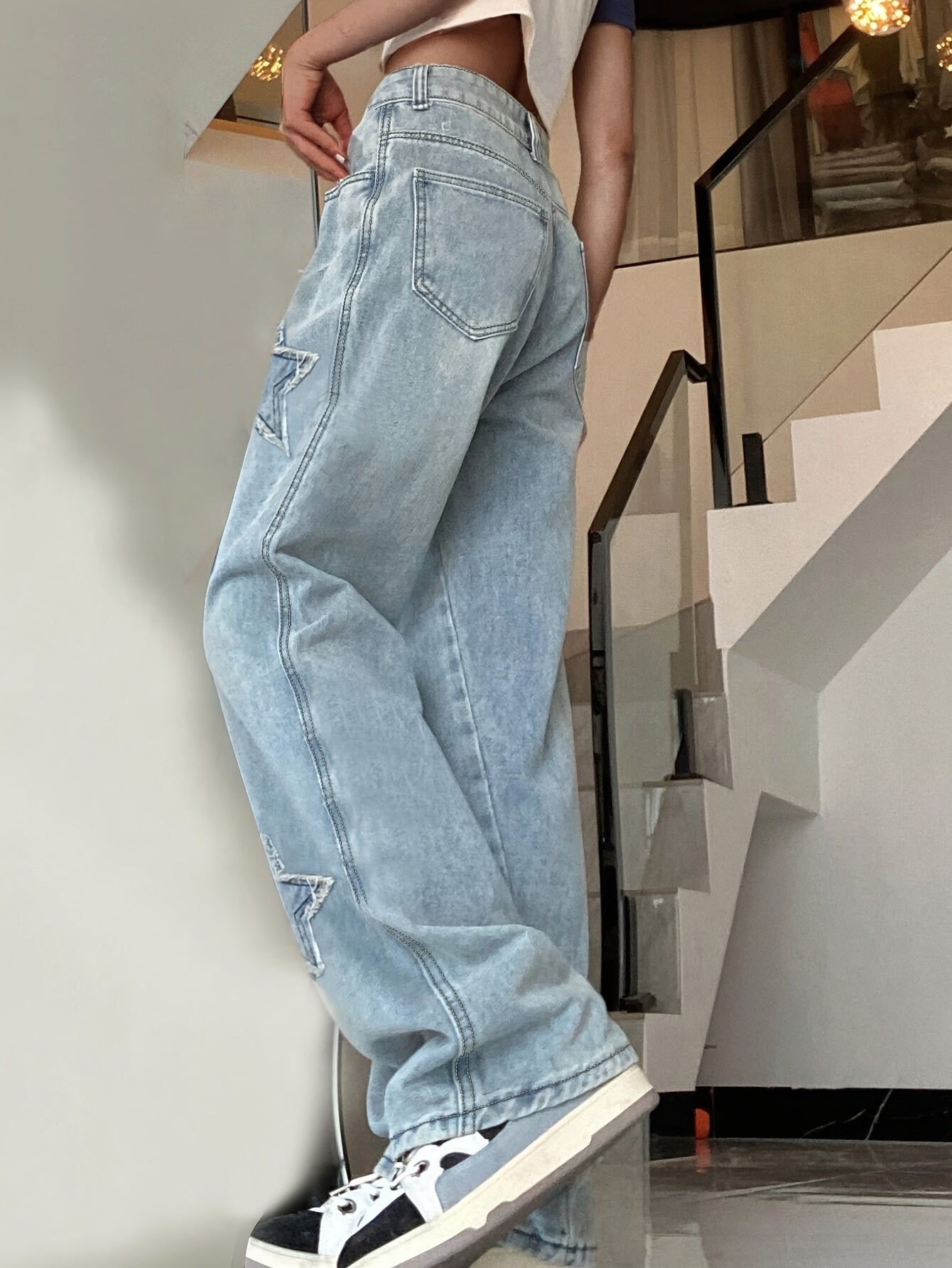 Vintage-Inspired Blue Star Wide-Leg Jeans - All-Season Comfort, Embroidered Geometric Design, Easy-Care Women's Denim Pants