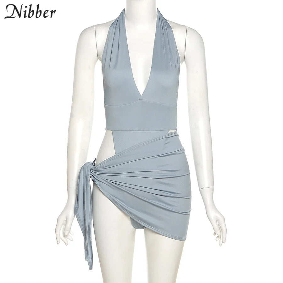 Sexy Beach Vacation Wear Basic Bikini Bodysuit Skirts 2 Two Piece Sets For Women's Clothing Swimsuit Female