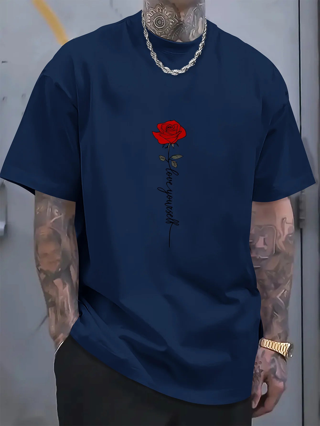 Men'scotton fashionable casual sports loose red rose printed round neck short sleeved T-shirt top