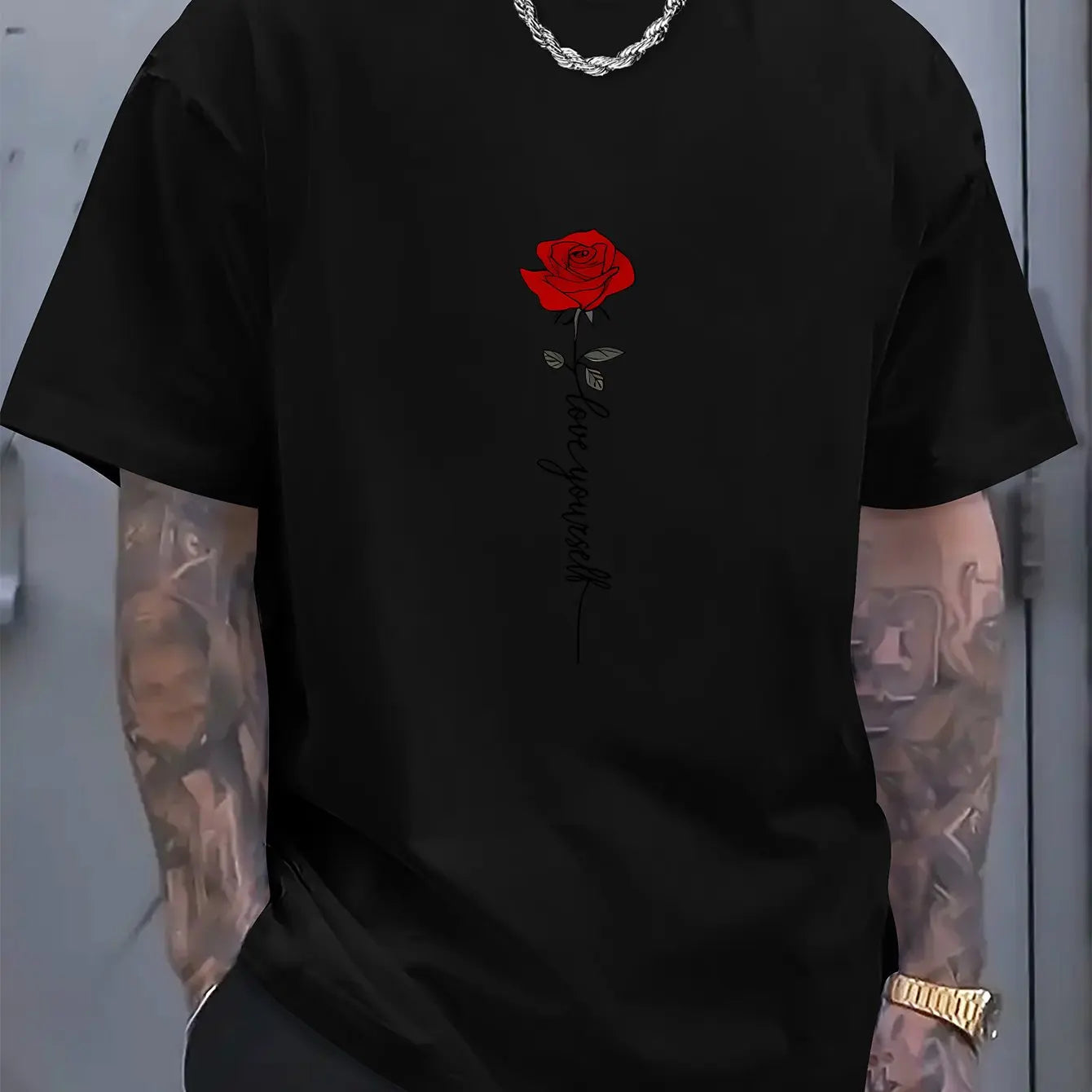 Men'scotton fashionable casual sports loose red rose printed round neck short sleeved T-shirt top
