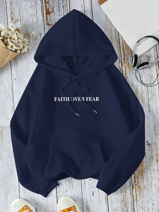 Casual Women's Hoodies Faith Over Fear Letter Printing Sweatshirts Fleece Warm Comfortable Pocket Streetwear