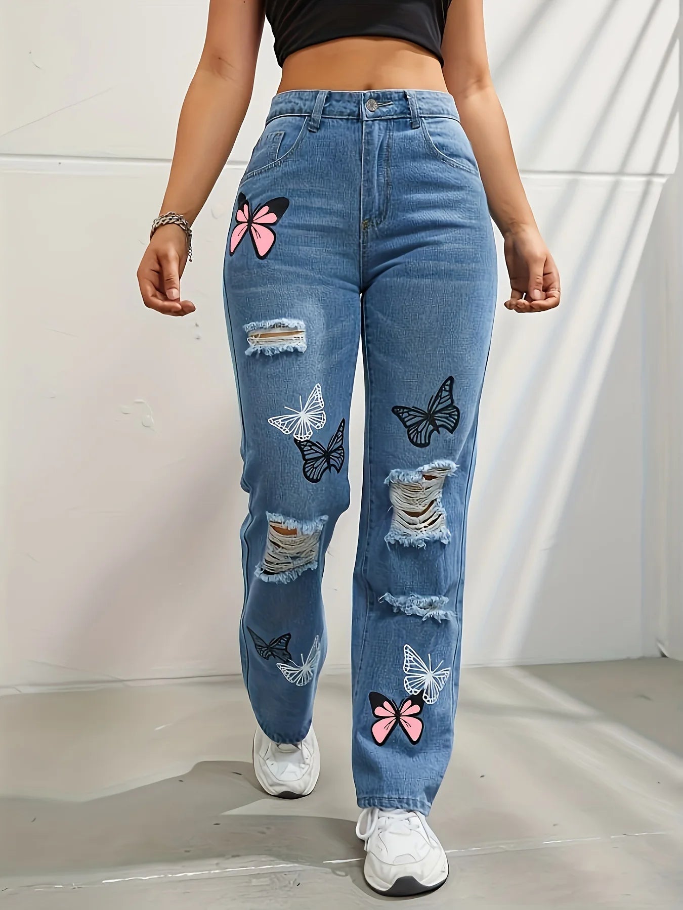 Butterfly Printing Denim Jeans Women Holes Jeans Straight Pants High Waist Loose Fit Vintage Casual Distressed Denims