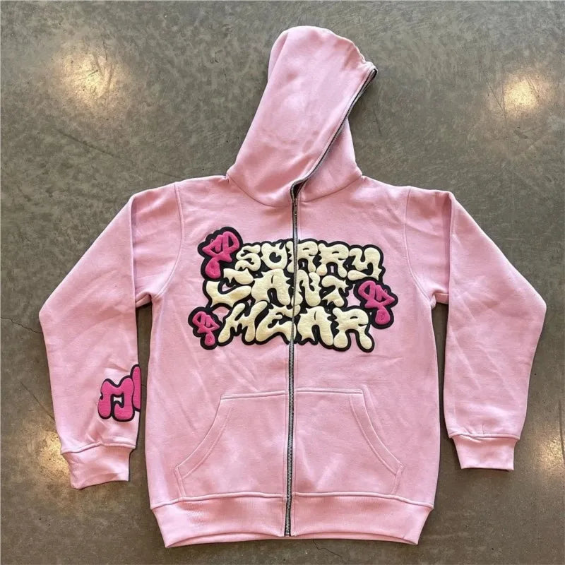 Harajuku Jacket Letter Print Coat Men Women Jackets Pink Zip Hooded Sweatshirt Fashion Long-sleeved Zipper Tops Casual Hoodies