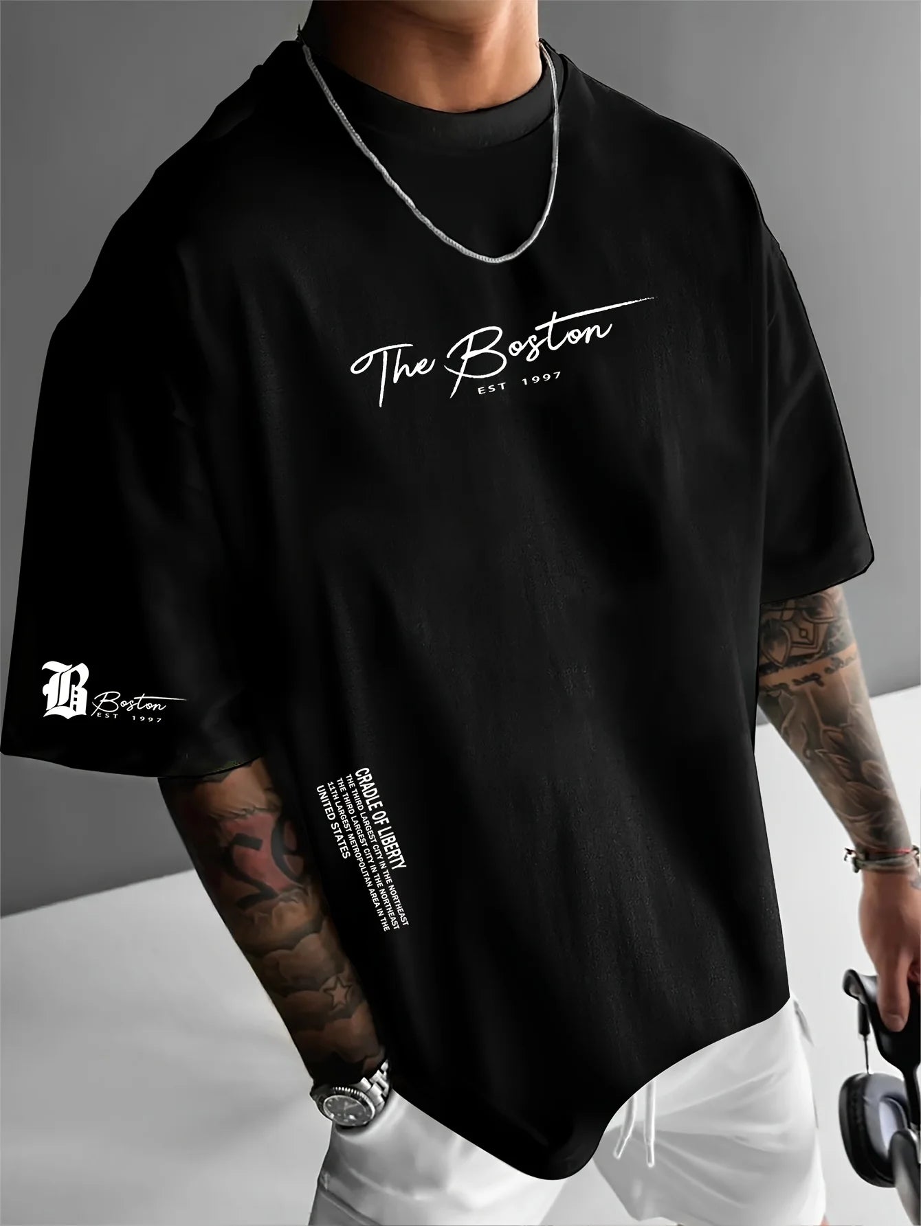 Men's cotton fashionable casual loose printed round neck short sleeved T-shirt top