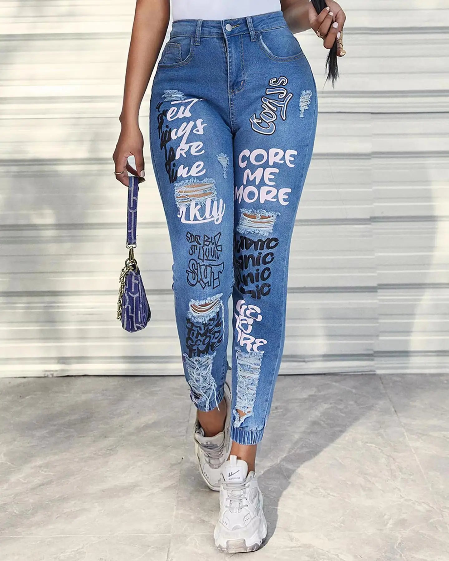 Women Denim Jeans Ankle Length Print Pants Pockets Slim