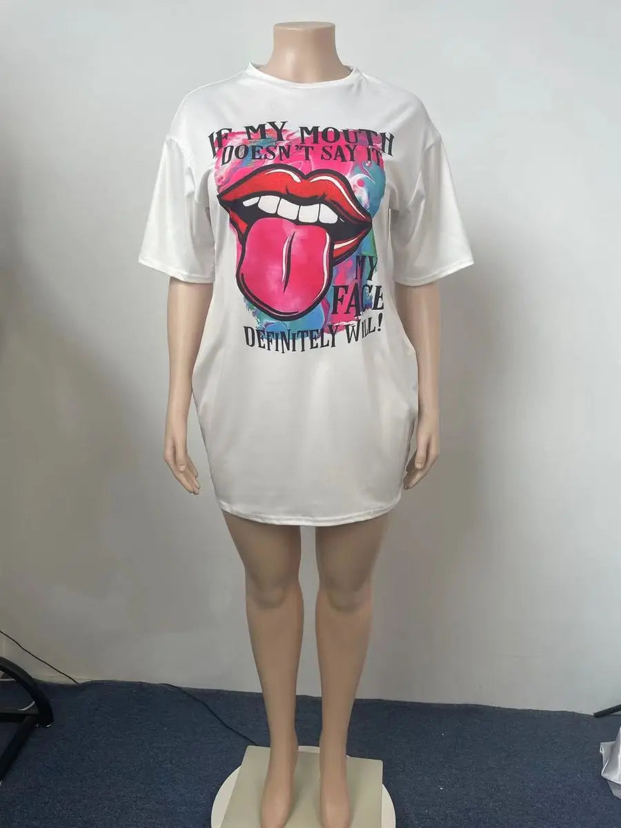 Women's fashion loose plus size letter lip print printed short sleeved T-shirt dress
