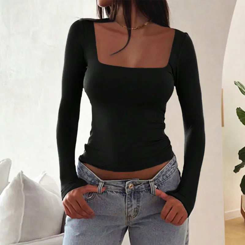 Women Sexy Low Chest Solid Elegant T-shirt Streetwear Fashion Long Sleeves Casual Slim Versatile Female Tees