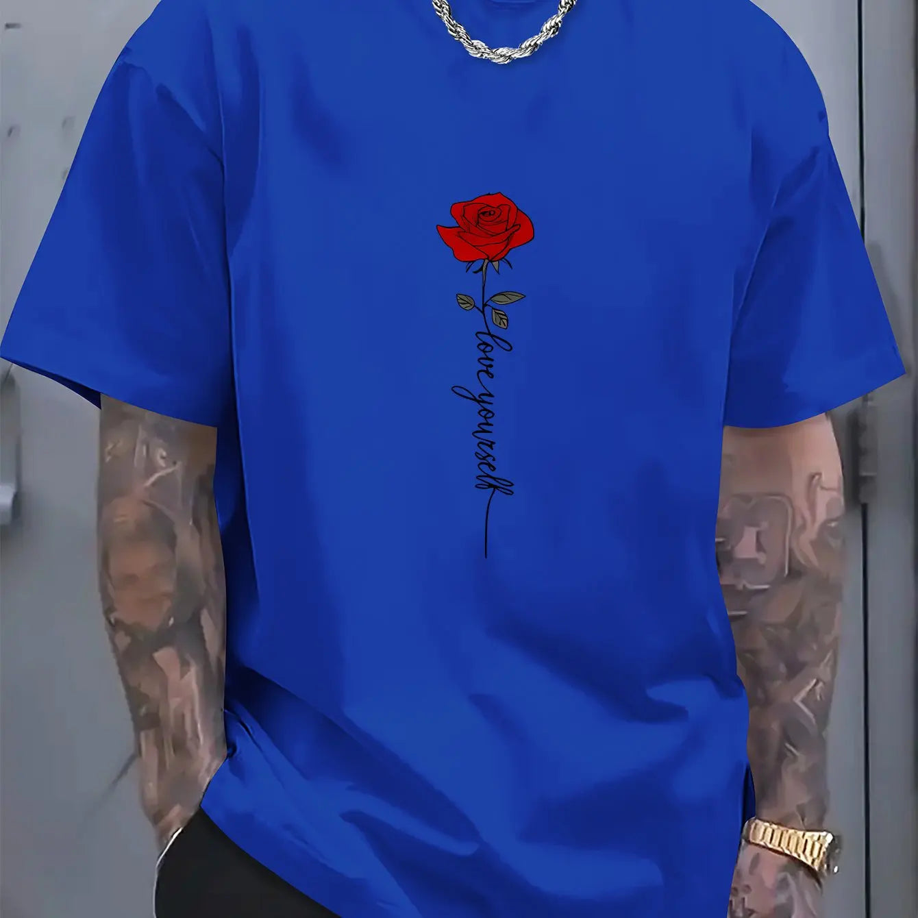 Men'scotton fashionable casual sports loose red rose printed round neck short sleeved T-shirt top