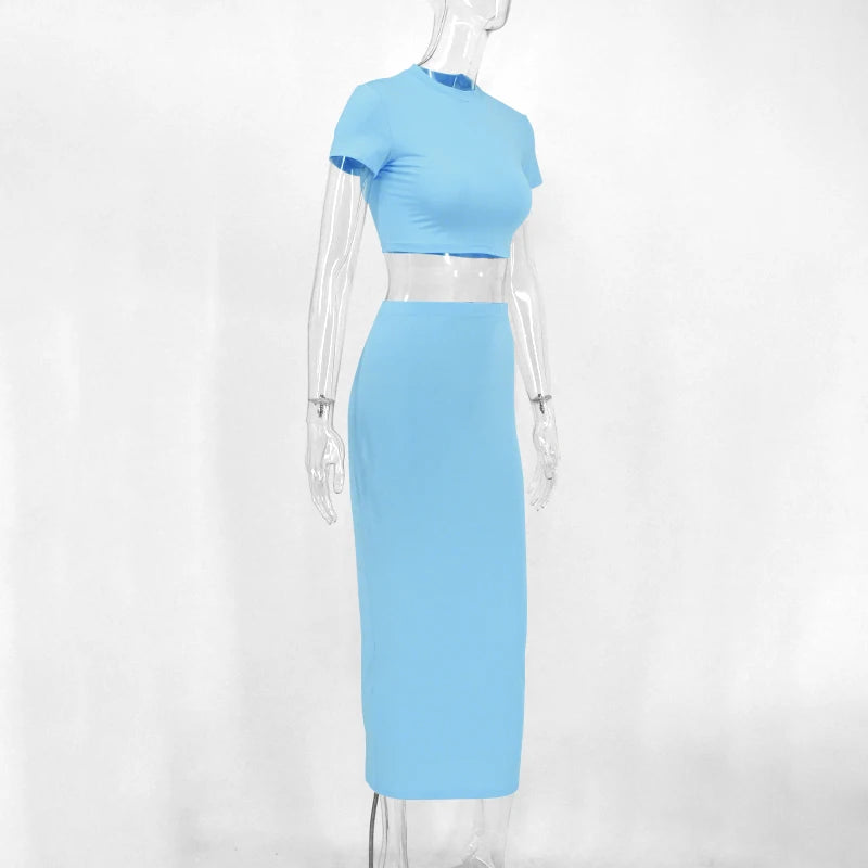 Sexy Skirt Two Piece Set Women New Short Sleeve O-Neck Crop Top High Waist Skirt Solid Fashion Partywear