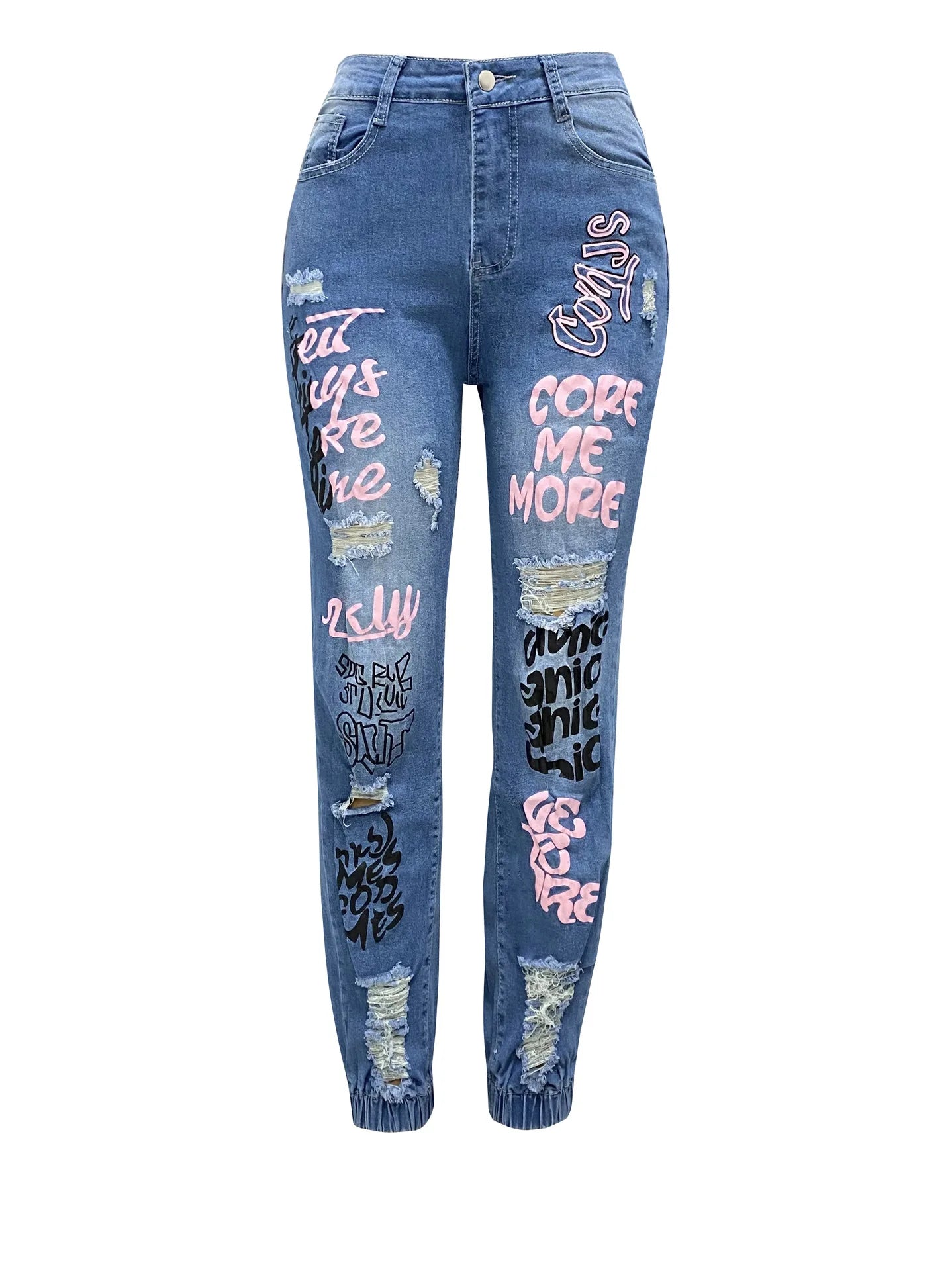 Women Denim Jeans Ankle Length Print Pants Pockets Slim