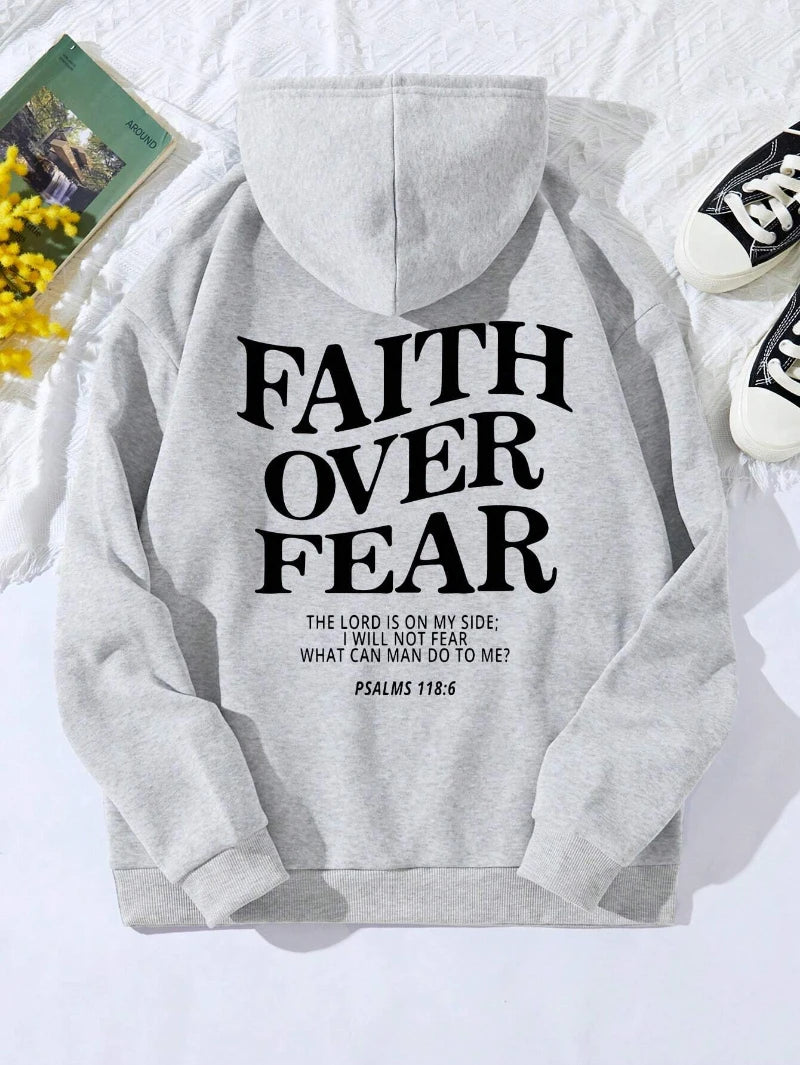 Casual Women's Hoodies Faith Over Fear Letter Printing Sweatshirts Fleece Warm Comfortable Pocket Streetwear