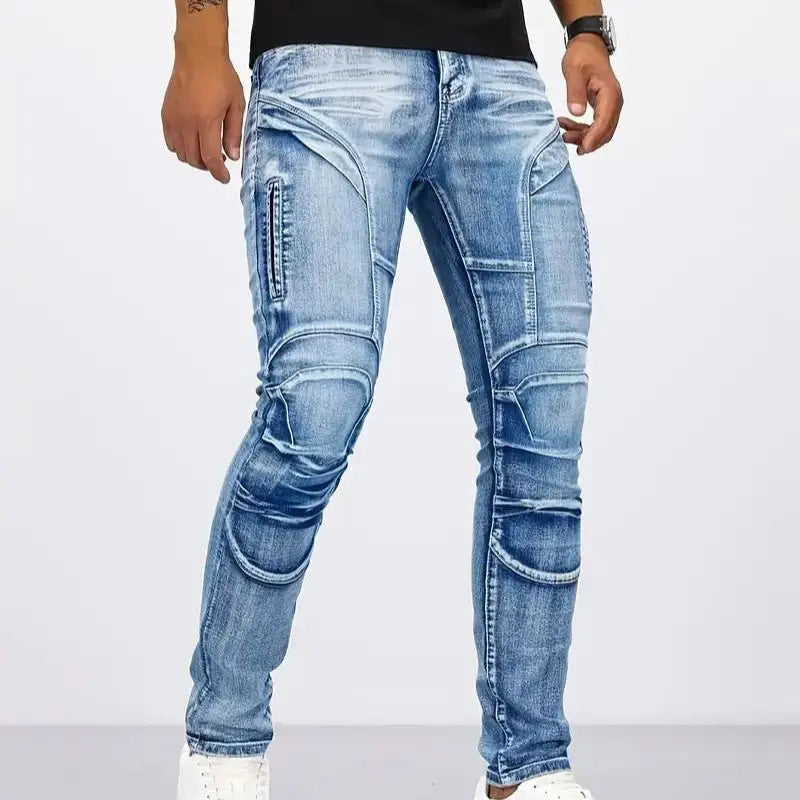 Two tone distressed patchwork jeans for men thin straight leg pants slim fit small leg distressed jeans