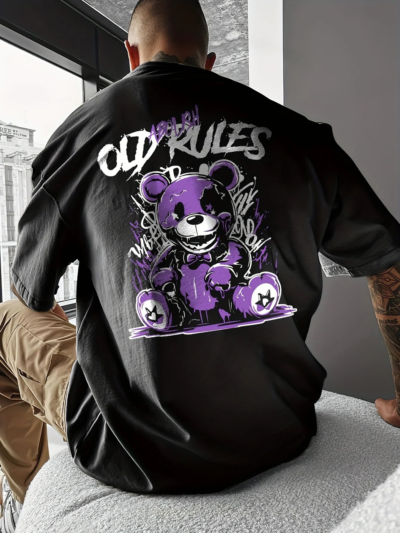 Men's Cotton Fashionable Casual Loose Large Cartoon Bear Pattern Printed Round Neck Short Sleeve T-shirt Top