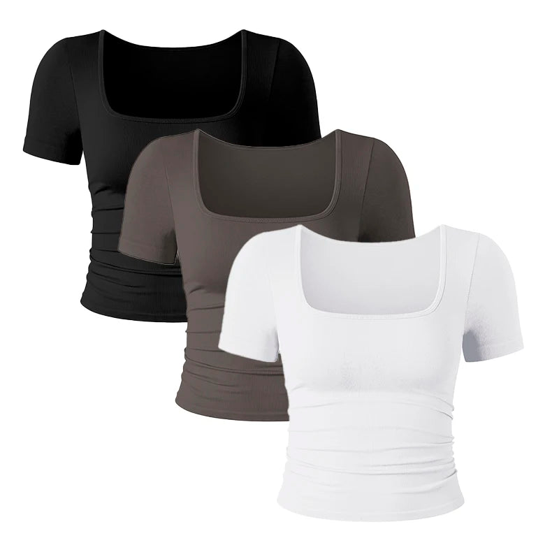 Summer Slim Sexy Women Sports Running Fitness Crop Tops Women's Classic Fashion Shorts Sleeves Crew Neck T-Shirt