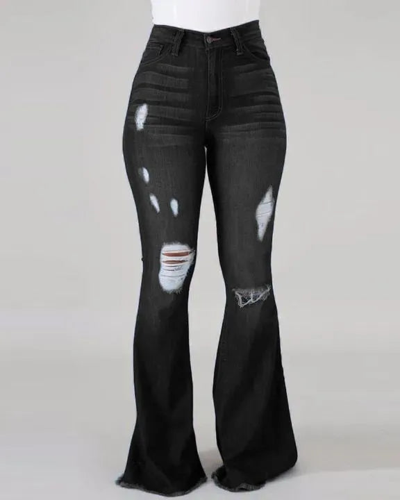 Denim Womens Pants High-stretch Ripped Jeans High-waisted Flared for Women