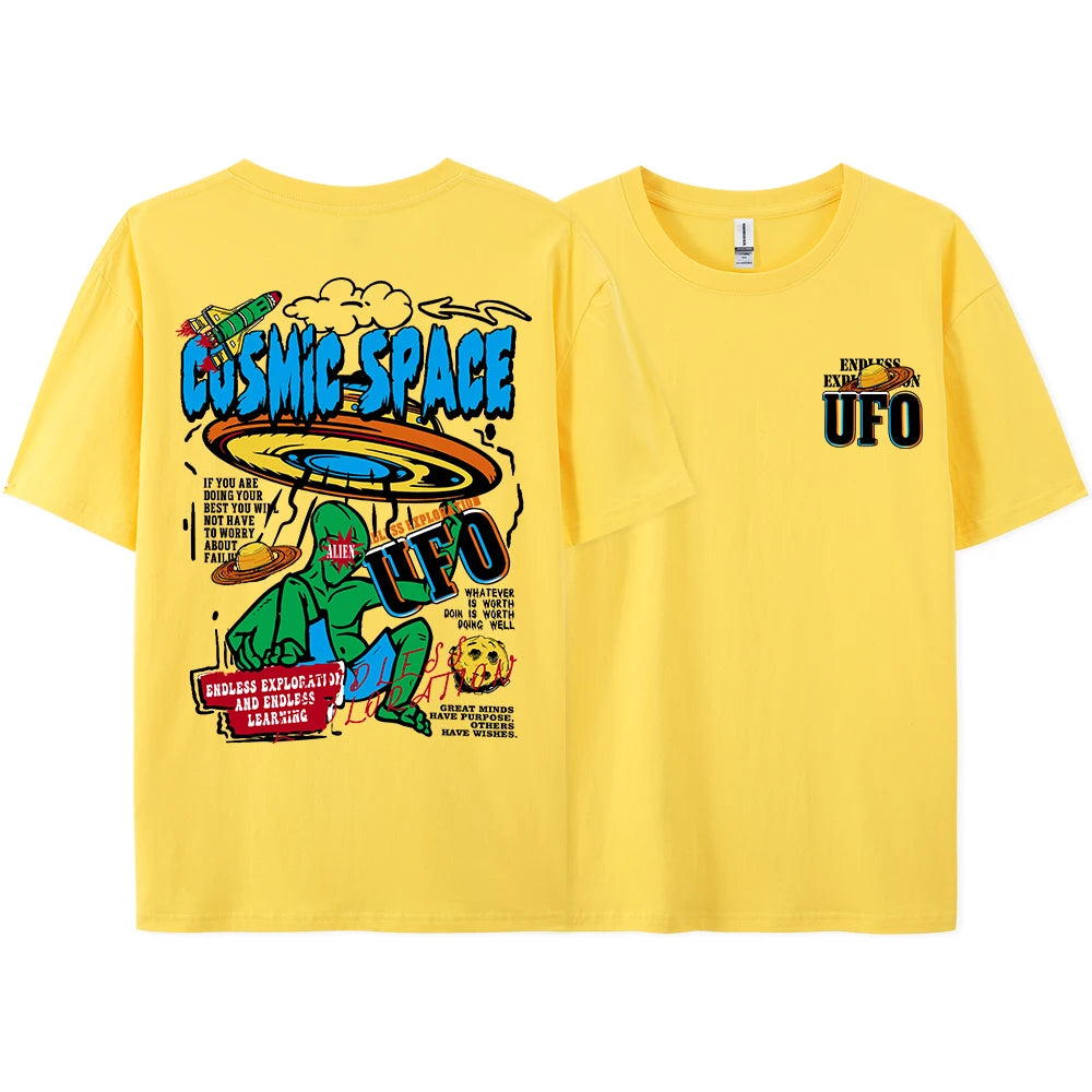 Cosmic Space Ufo Aliens Graphic Printed Male Tops Fashion Street T-ShirtCasual Cotton Tshirt Oversized Loose Tees