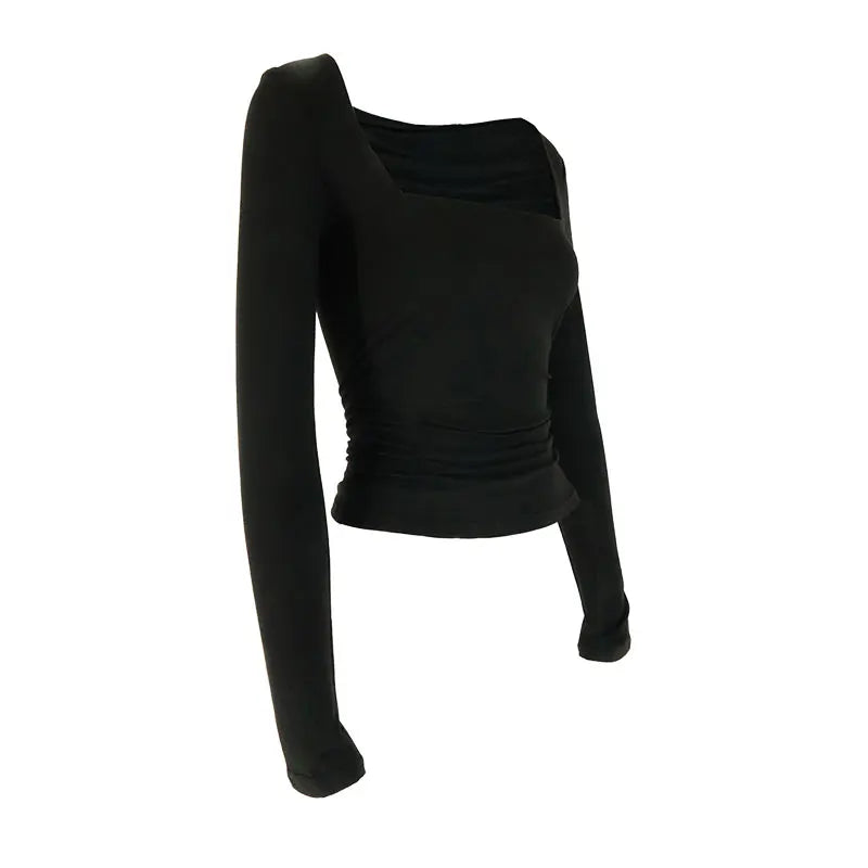 Women Sexy Low Chest Solid Elegant T-shirt Streetwear Fashion Long Sleeves Casual Slim Versatile Female Tees