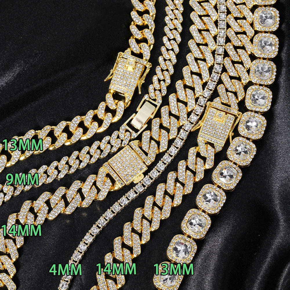 3pcs Cuban Chain Watch for Men Miami Curb Iced Out Paved Rhinestones Rapper Cuban Necklace Suit Watch+Bracelet Jewelry