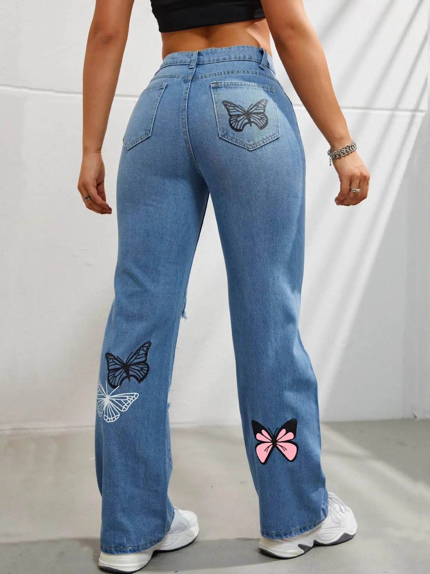 Butterfly Printing Denim Jeans Women Holes Jeans Straight Pants High Waist Loose Fit Vintage Casual Distressed Denims