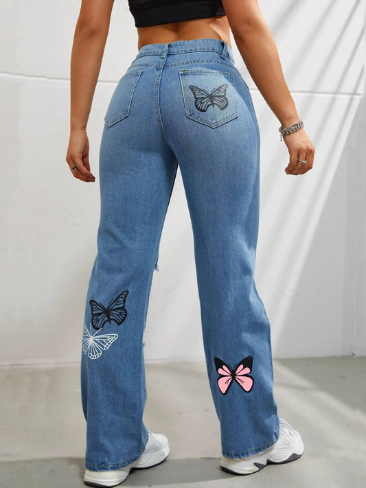 Butterfly Printing Denim Jeans Women Holes Jeans Straight Pants High Waist Loose Fit Vintage Casual Distressed Denims
