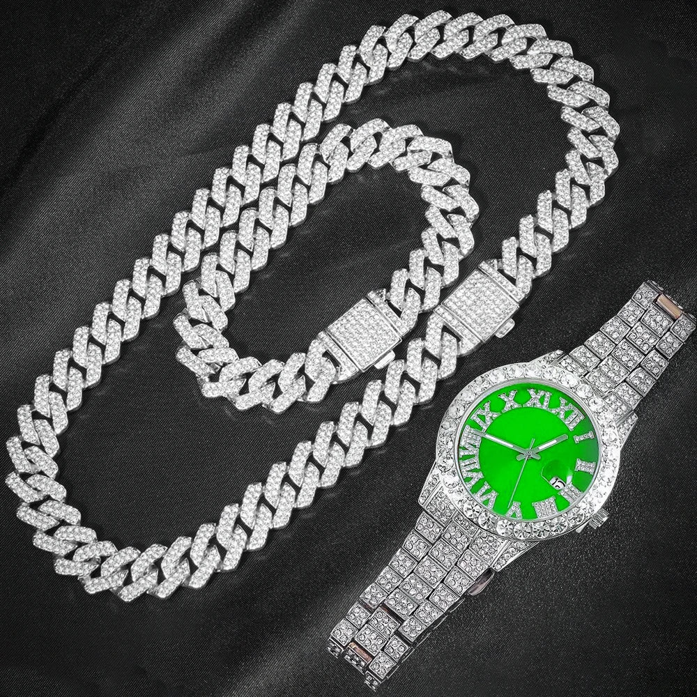 3pcs Cuban Chain Watch for Men Miami Curb Iced Out Paved Rhinestones Rapper Cuban Necklace Suit Watch+Bracelet Jewelry