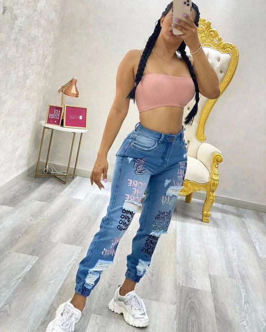 Women Denim Jeans Ankle Length Print Pants Pockets Slim