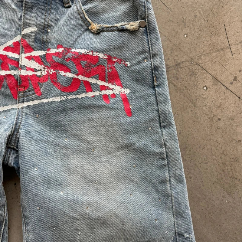 Y2K Graffiti Jorts s Men Women TRhinestone Distressed Printed Denim Shortrend Streetwear Unisex Baggy Short Pants
